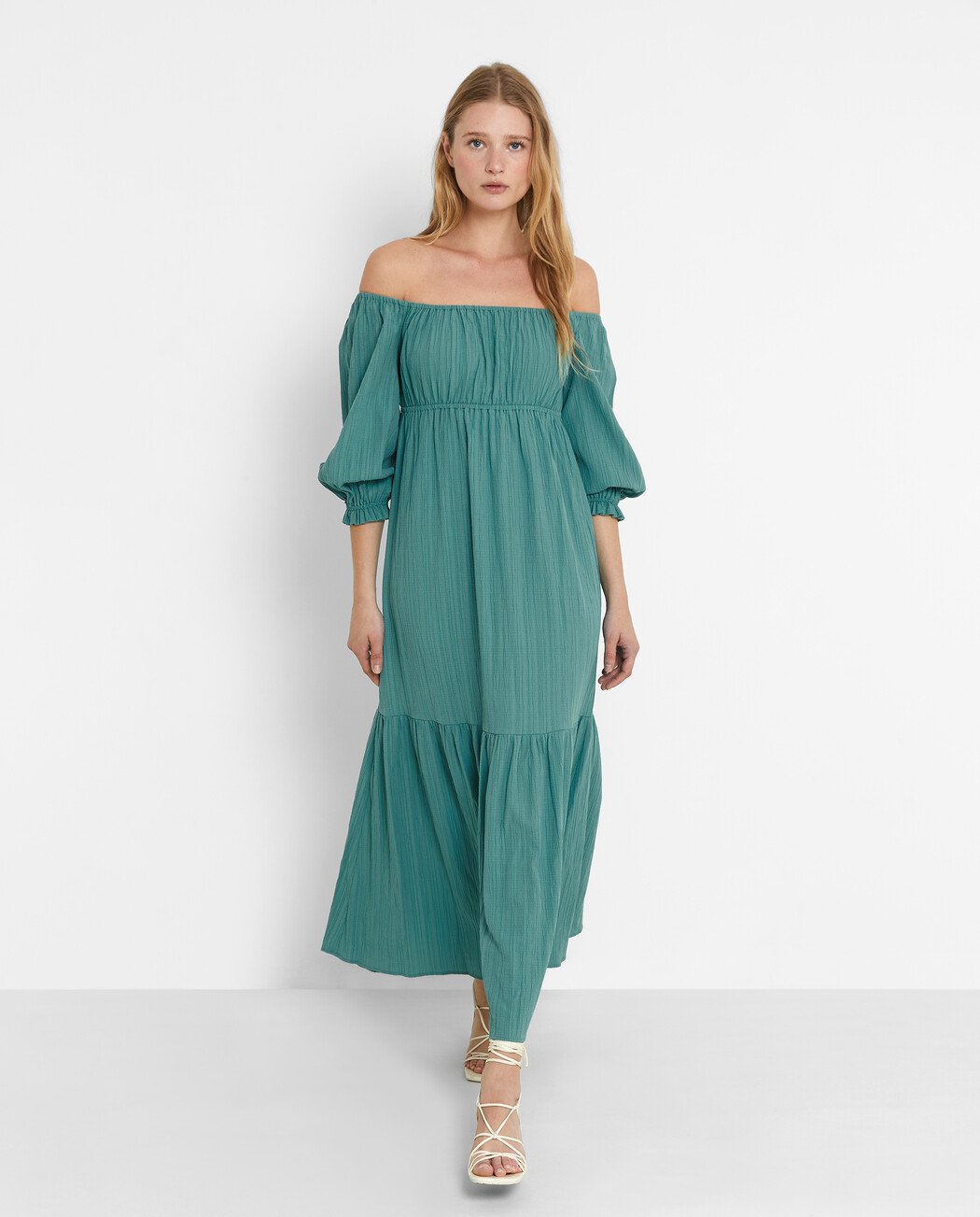 VESTIDO MIDI MANGAS ABULLONADAS